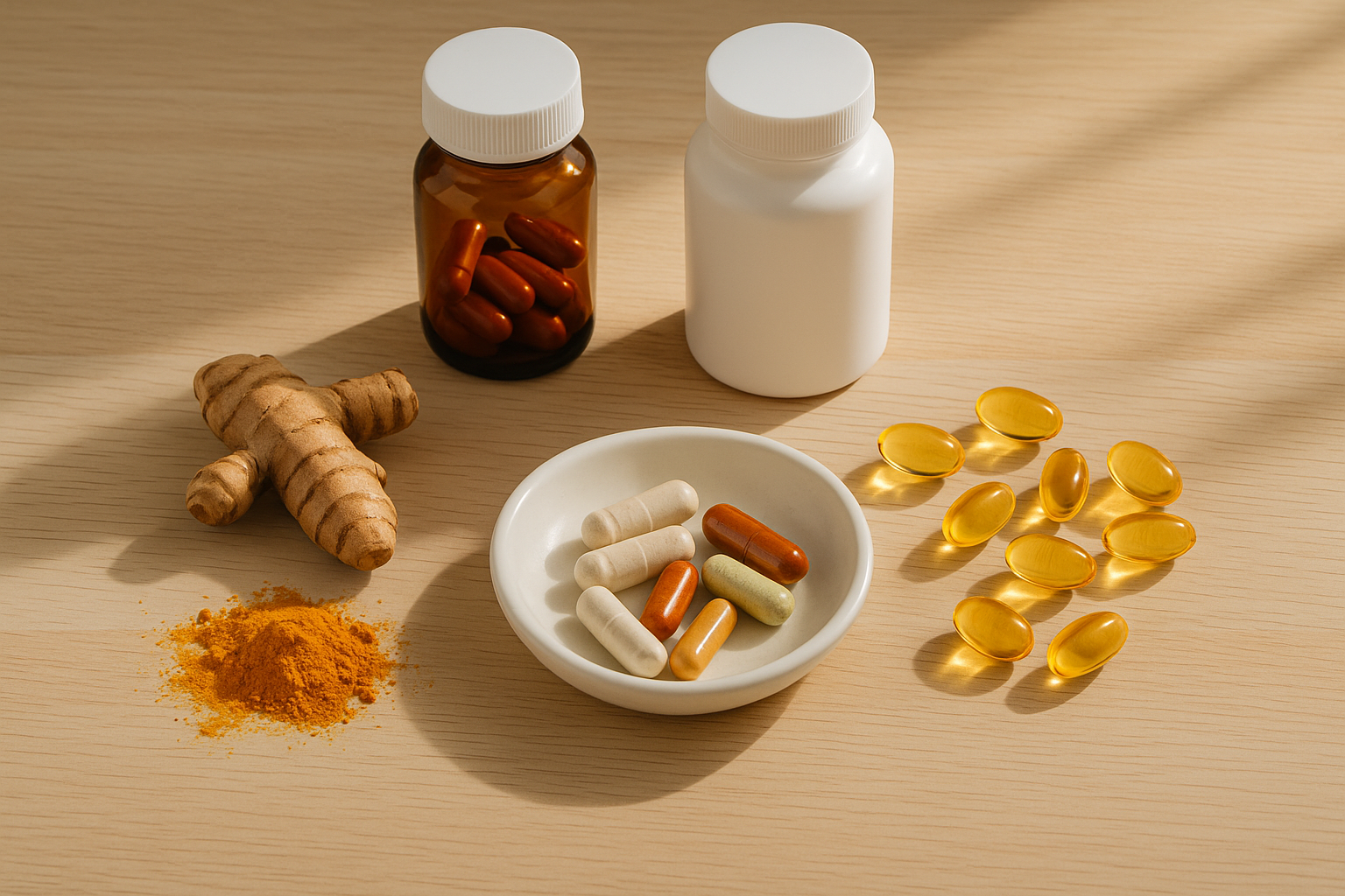 Assorted supplement capsules, tablets, and bottles on table