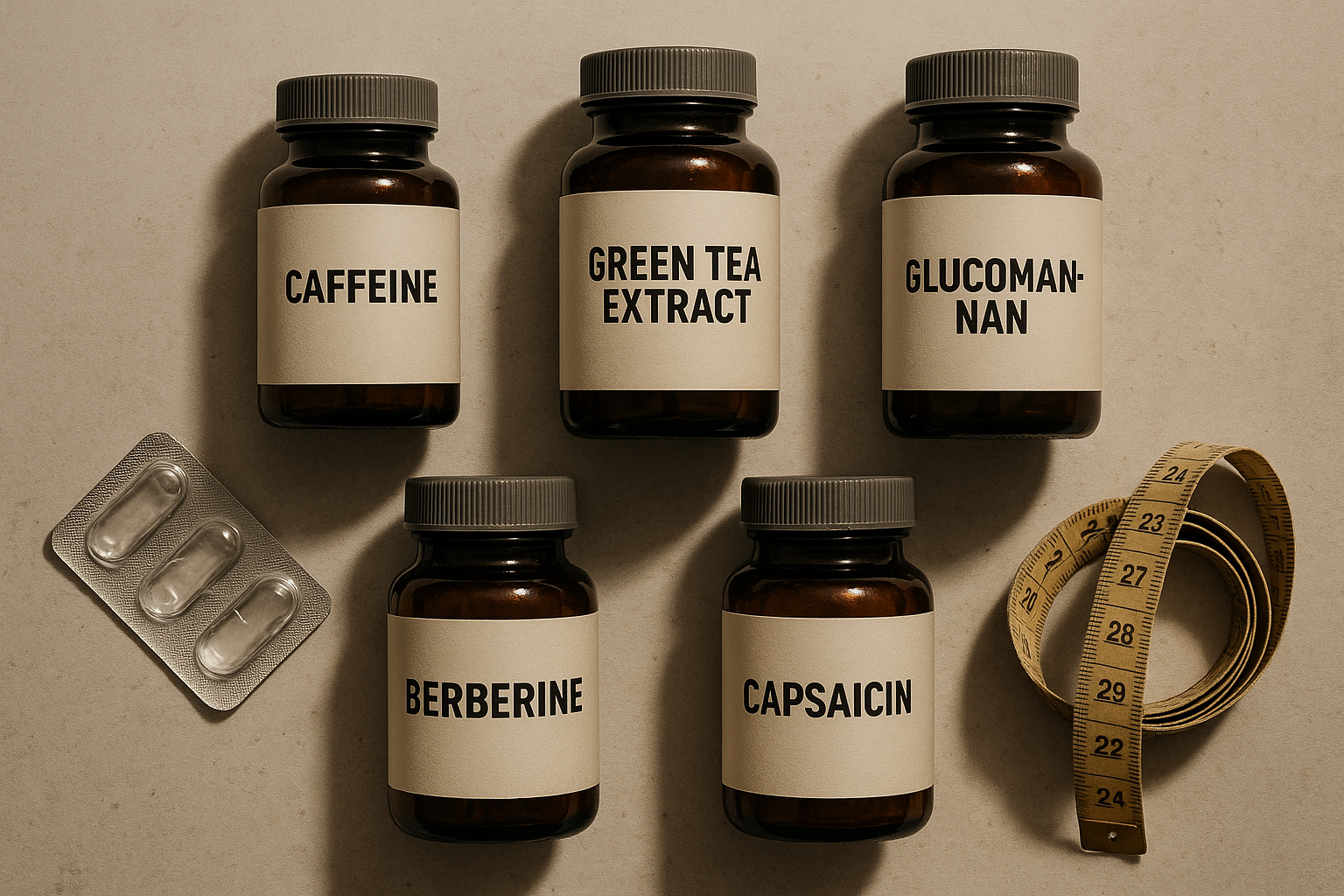 Top 5 supplements for weight loss: caffeine, green tea extract, glucomannan, berberine, and capsaicin arranged on a flat surface