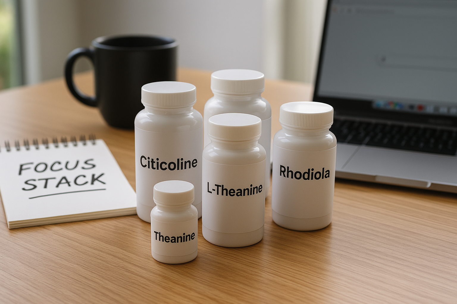 best supplements for focus desk flat lay with citicoline, caffeine, L-theanine, rhodiola, lion’s mane