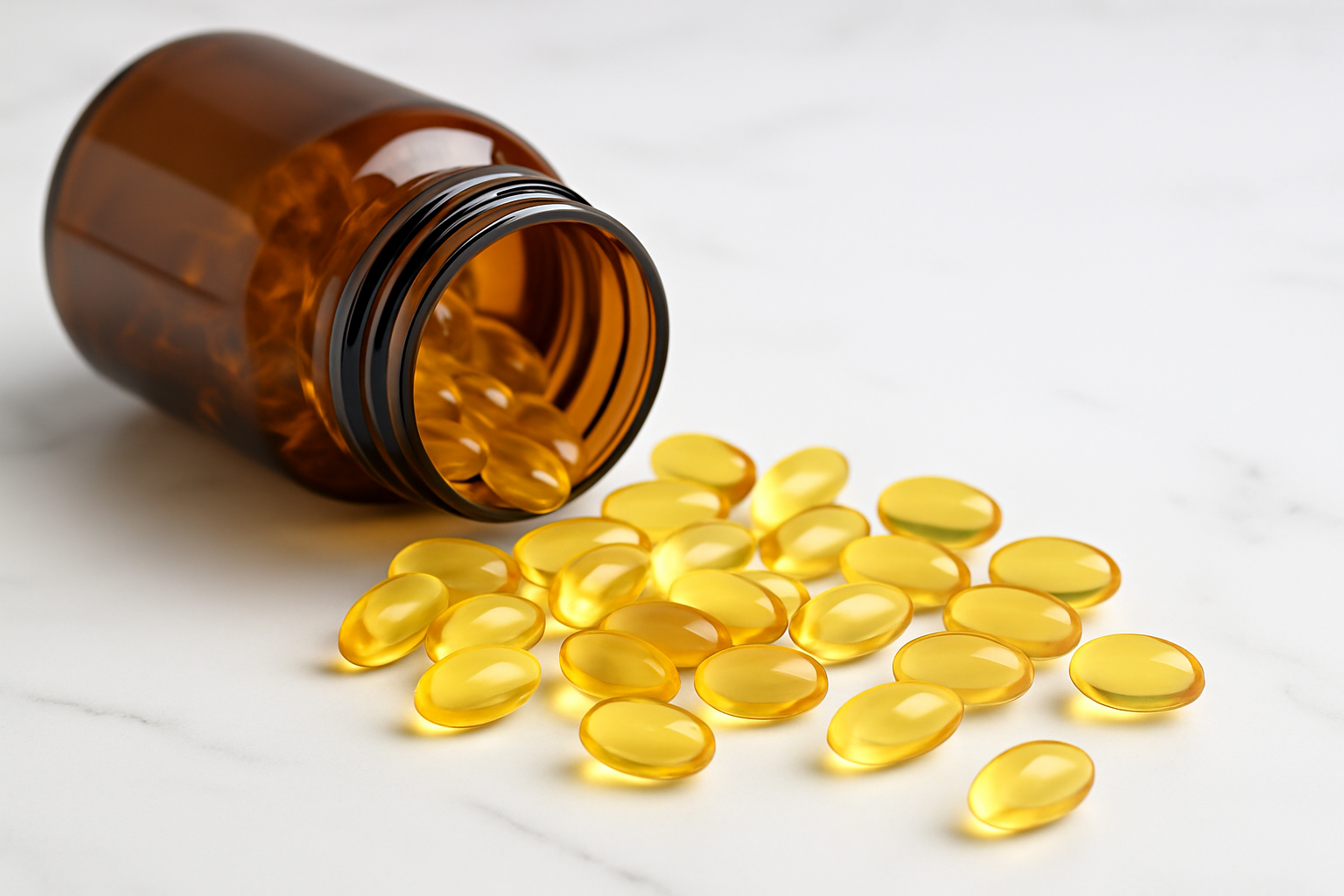 Fish oil supplements with softgel capsules spilling out of a bottle
