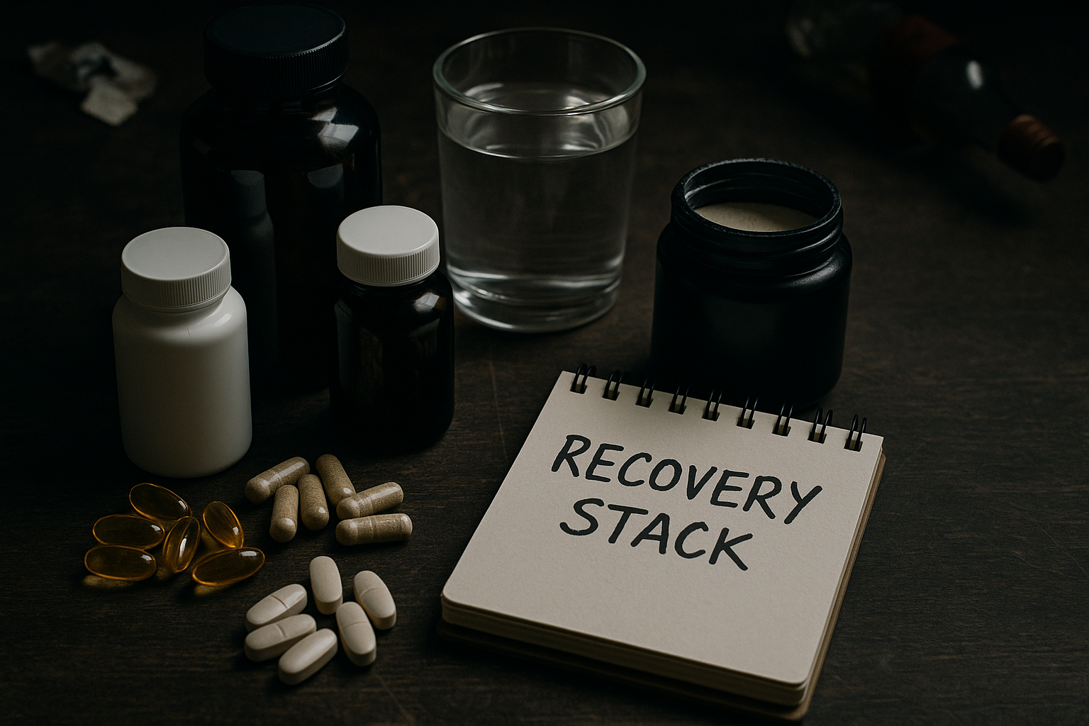 Supplements for alcohol recovery shown on a table next to a glass of water and a notepad labeled "Recovery Stack"