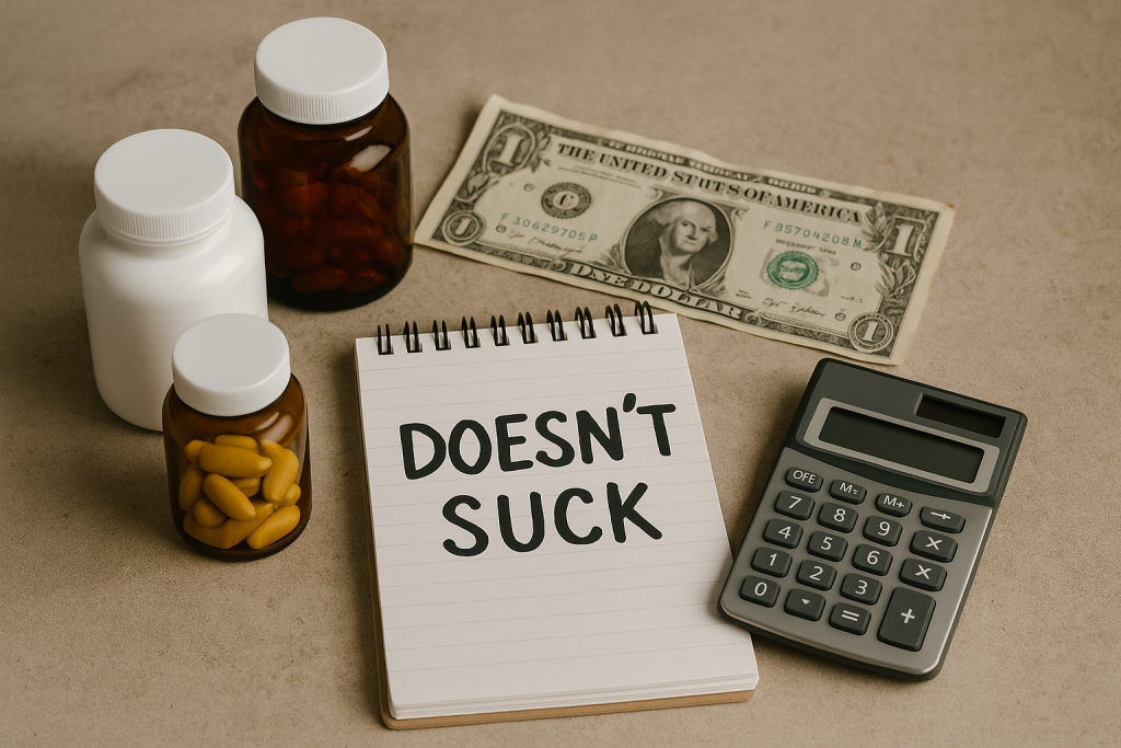 Budget supplement stack with vitamins, dollar bill, and notepad that says ‘Doesn’t Suck