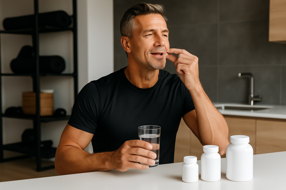 Middle-aged man taking supplements for energy and longevity after 40