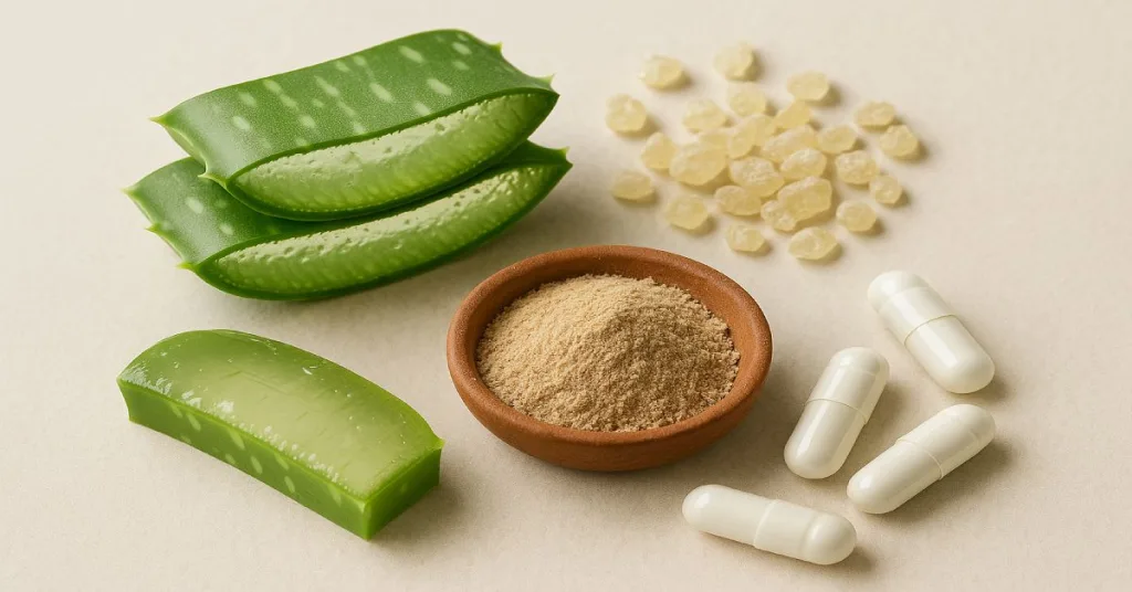 Close-up of aloe vera, mastic gum, slippery elm, and zinc supplements for gut health