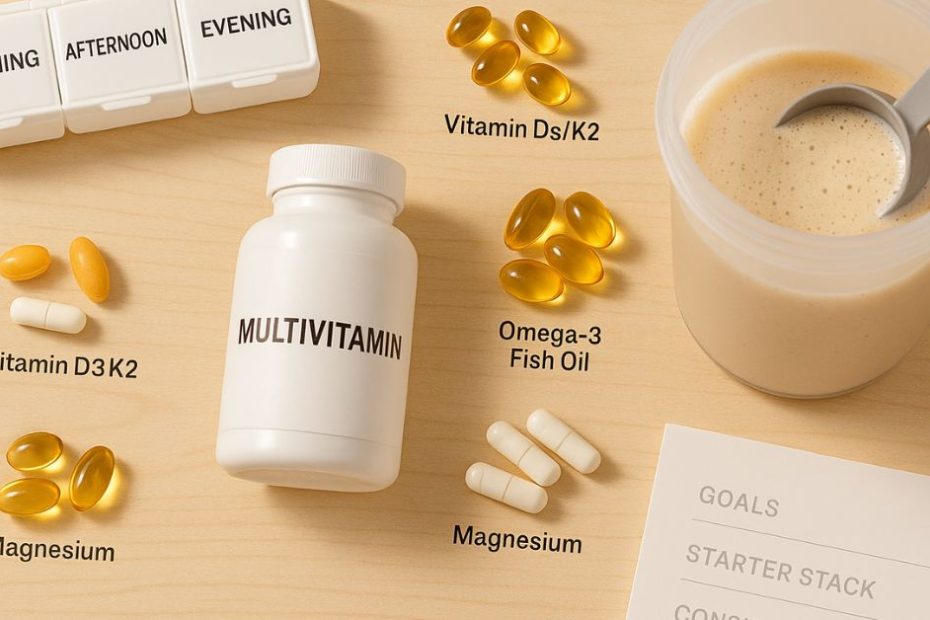 Beginner supplement starter kit with pill organizer, multivitamin, vitamin D3 K2, omega-3 fish oil, magnesium capsules, and protein powder on a clean surface.