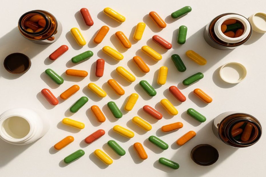 Assorted multivitamins and supplement bottles on white background