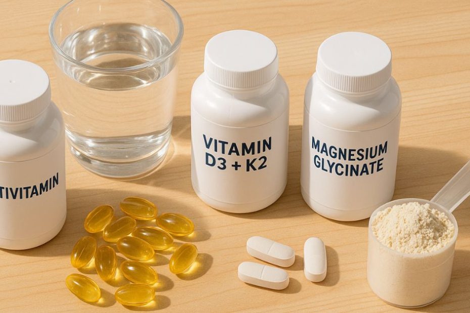Beginner’s supplement starter stack with multivitamin, vitamin D3 + K2, fish oil, magnesium, and protein powder on a wooden table.