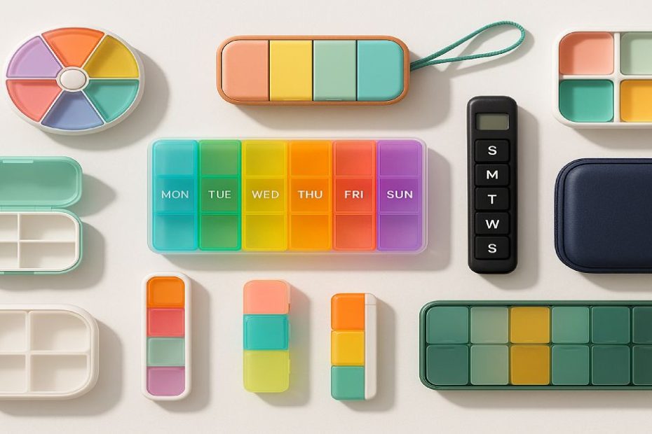 Top 10 best-rated pill organizers of 2025 laid out on white background