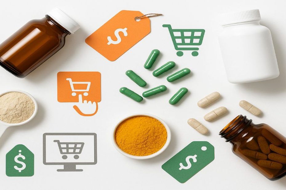 Top view of supplement bottles with price tags and shopping icons for buying supplements online