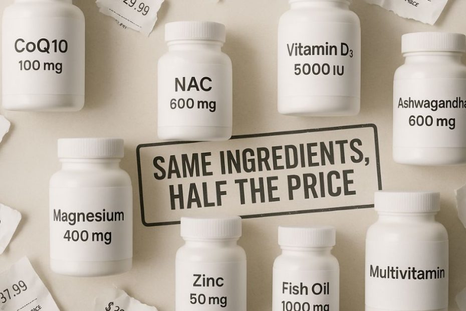 Budget supplement bottles labeled with common ingredients like CoQ10, NAC, and magnesium, surrounded by torn premium price tags — visual showing cheaper alternatives with the same ingredients.