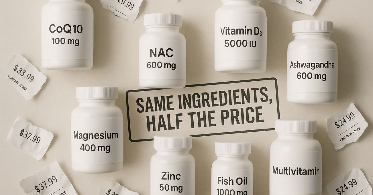 Budget supplement bottles labeled with common ingredients like CoQ10, NAC, and magnesium, surrounded by torn premium price tags — visual showing cheaper alternatives with the same ingredients.