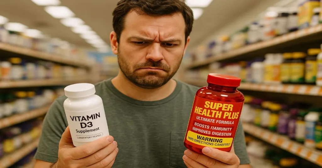 Shopper comparing a trustworthy supplement to a risky mislabeled product in the vitamin aisle