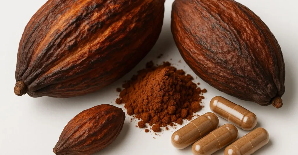 Cocoa extract capsules and cocoa pods representing flavanol supplements