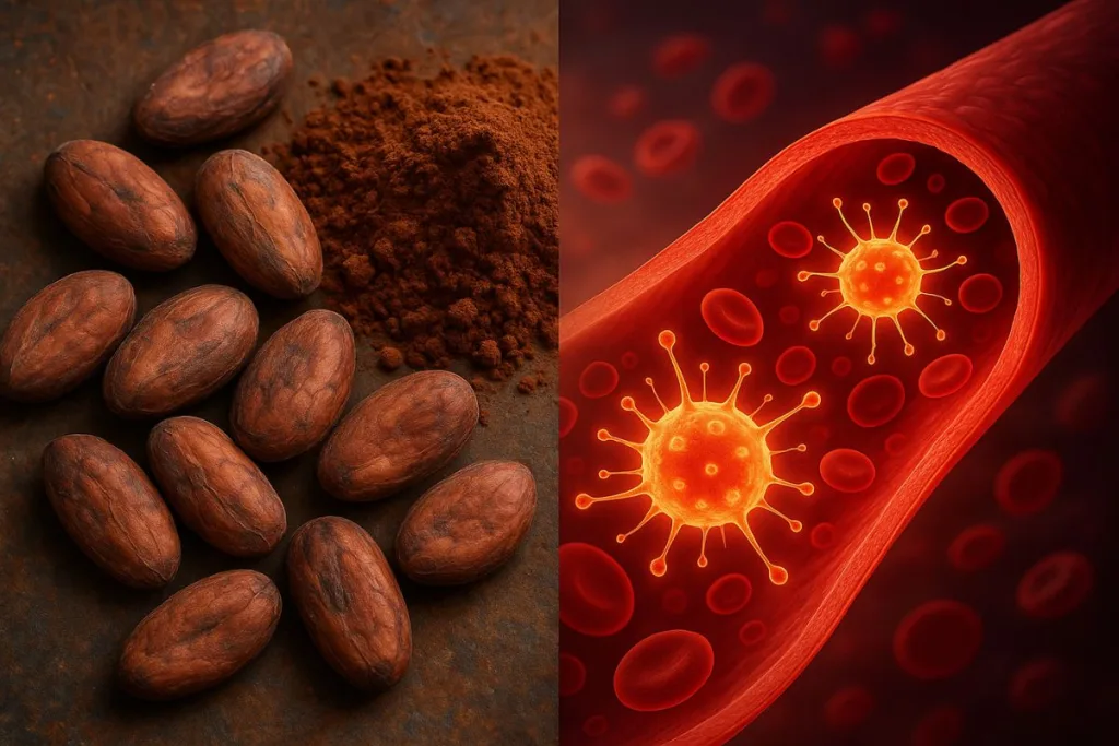 Close-up cocoa beans transitioning into an illustration of repair cells in a healthy blood vessel.