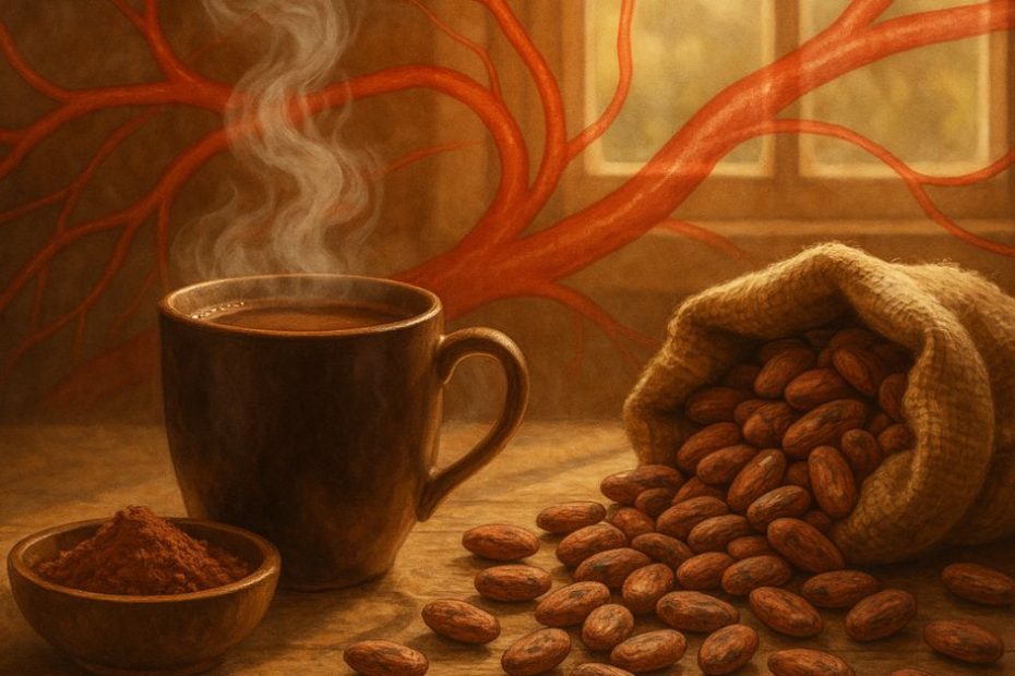 High-flavanol cocoa powder with blood vessel illustration, representing cocoa flavanols stem cells benefits.