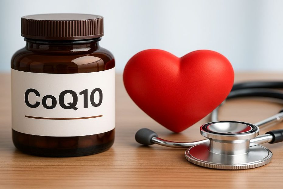 CoQ10 supplement bottle with heart model and stethoscope on wooden table