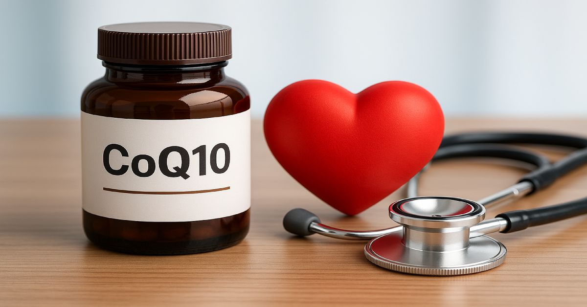 CoQ10 supplement bottle with heart model and stethoscope on wooden table