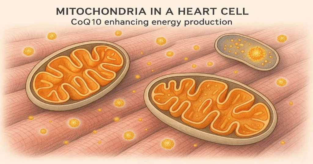 Mitochondria in a heart cell showing CoQ10’s role in energy production