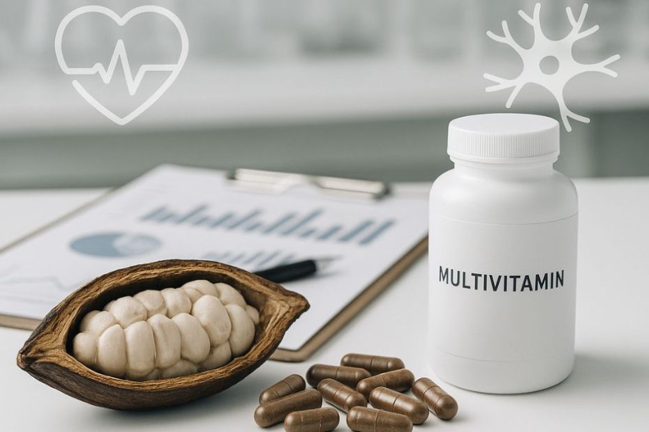 Cocoa pod, cocoa extract capsules, and multivitamin bottle on a clean background with scientific elements — visual summary of COSMOS Trial supplement research on heart and brain health.