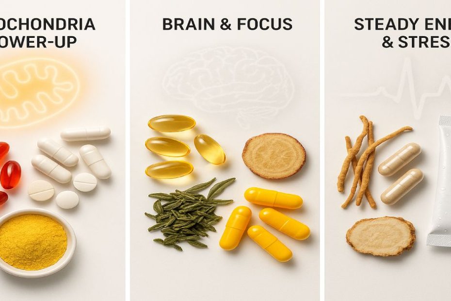 Professional three-panel image showing supplement stacks for energy: mitochondria stack with CoQ10, carnitine, magnesium; brain stack with omega-3, rhodiola, B vitamins; and stress stack with cordyceps, ashwagandha, ginseng, and electrolytes.