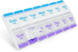EZY DOSE Push Button 7-day AM/PM pill organizer with spring-open lids