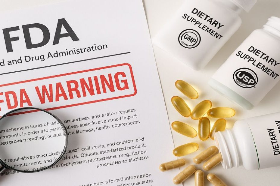 Dietary supplement bottles next to FDA warning document and GMP certification icons