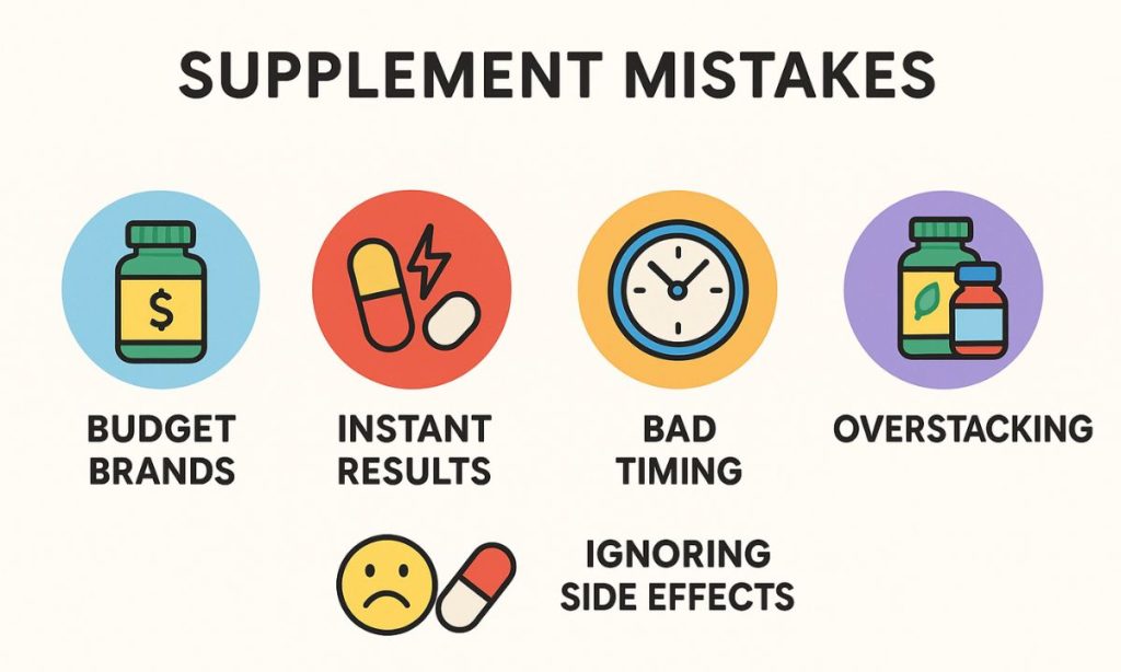 infographic with 5 simple icon panels for common supplement mistakes — budget brands, instant results, bad timing, ignoring side effects, overstacking — clean, colorful design
