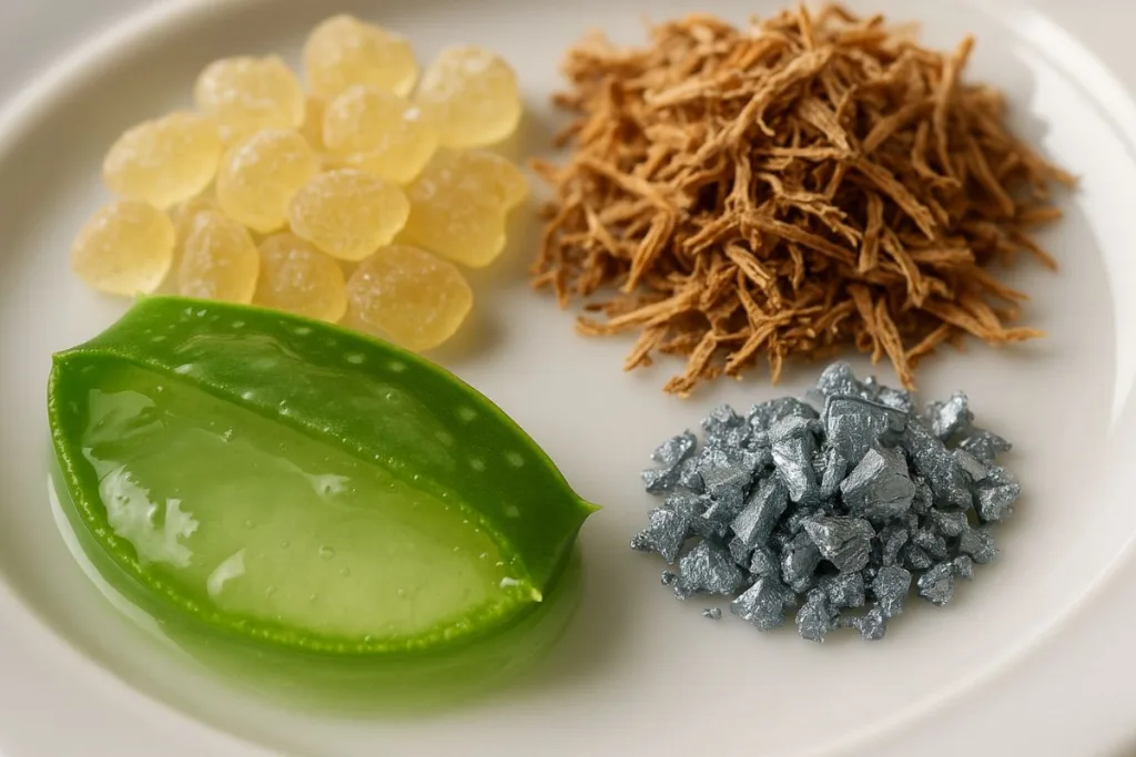 close-up aloe vera mastic gum slippery elm zinc gut health