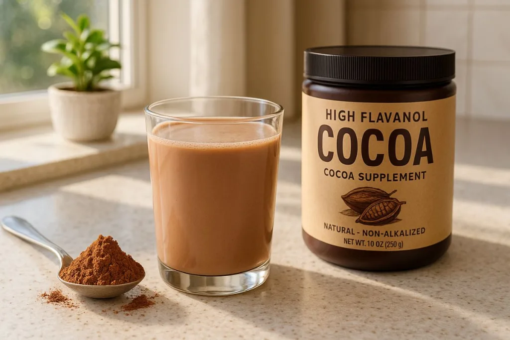 Glass of cocoa drink with natural cocoa powder and high-flavanol cocoa supplement on a sunny kitchen counter.