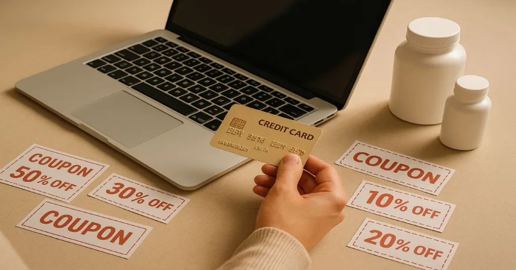 Laptop, coupons, and supplement bottles with a shopper holding a credit card