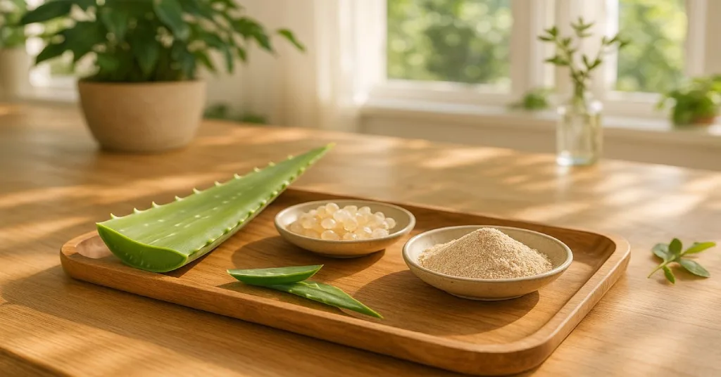 Lifestyle scene with aloe vera, mastic gum, and slippery elm for gut health