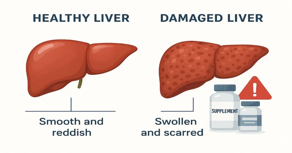 medical infographic comparing healthy and damaged liver with supplements nearby