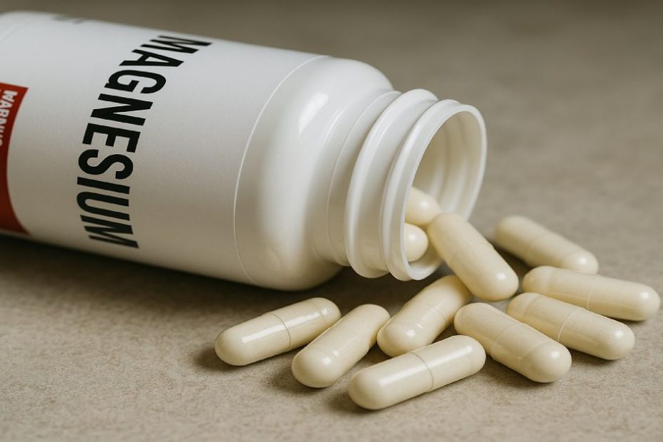 Magnesium supplement bottle with warning label and scattered capsules