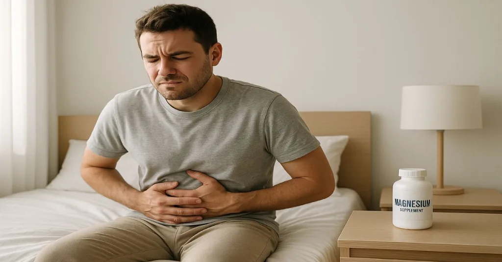 Person with stomach discomfort near magnesium supplement bottle
