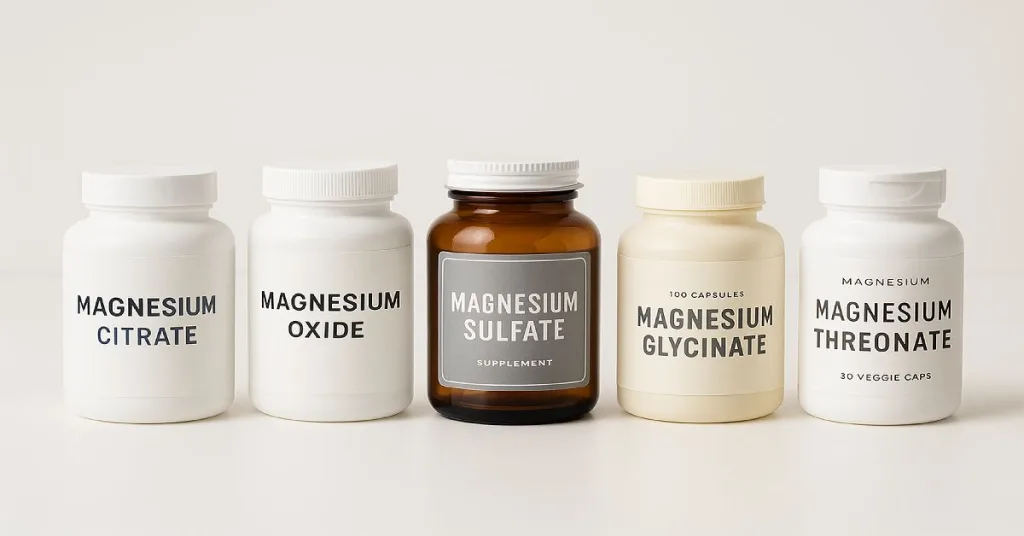 Bottles of different magnesium supplement types displayed side by side