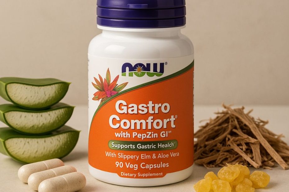 NOW Foods Gastro Comfort supplement bottle with natural gut health ingredients including aloe vera, slippery elm bark, mastic gum, and zinc on a neutral background.