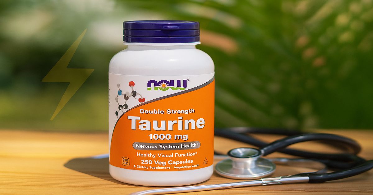 NOW Foods Taurine supplement bottle with heart health and energy theme