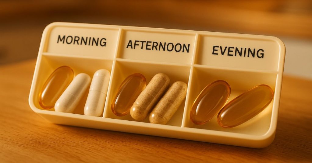Pill organizer with high-quality supplement capsules and softgels labeled for morning, afternoon, and evening use.