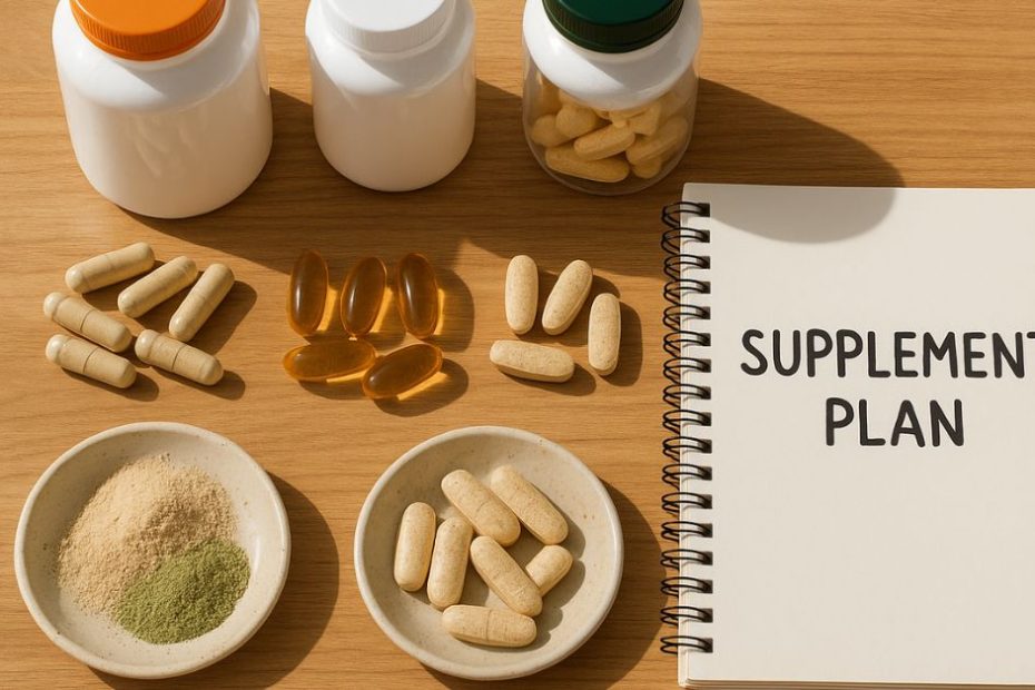 flat lay of supplement bottles, capsules, and powders with a notebook labeled supplement plan