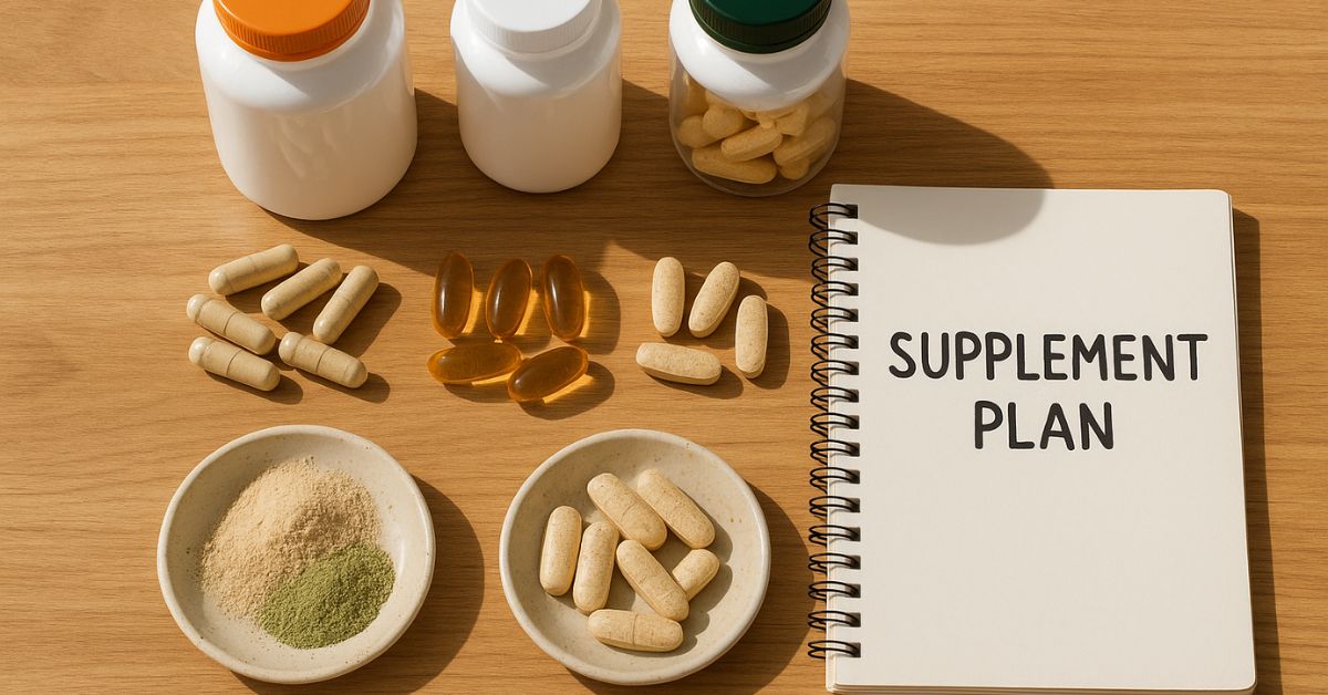 flat lay of supplement bottles, capsules, and powders with a notebook labeled supplement plan