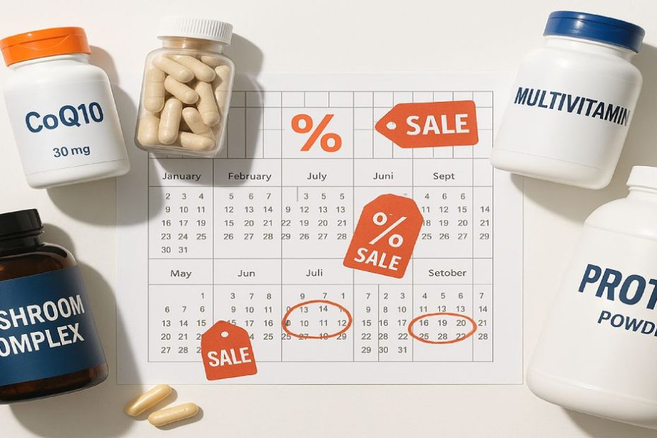 Flat-lay of supplement bottles surrounding a calendar with seasonal sale dates highlighted — perfect visual for blog post on when to stock up on supplements.
