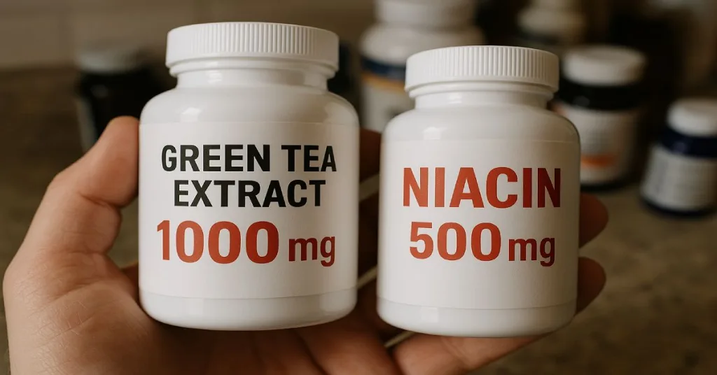 supplement label showing high-risk doses of green tea extract and niacin for liver health