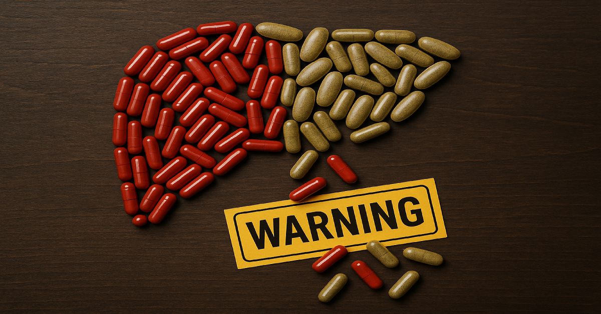 human liver formed with capsules and herbal supplements on a table with warning label