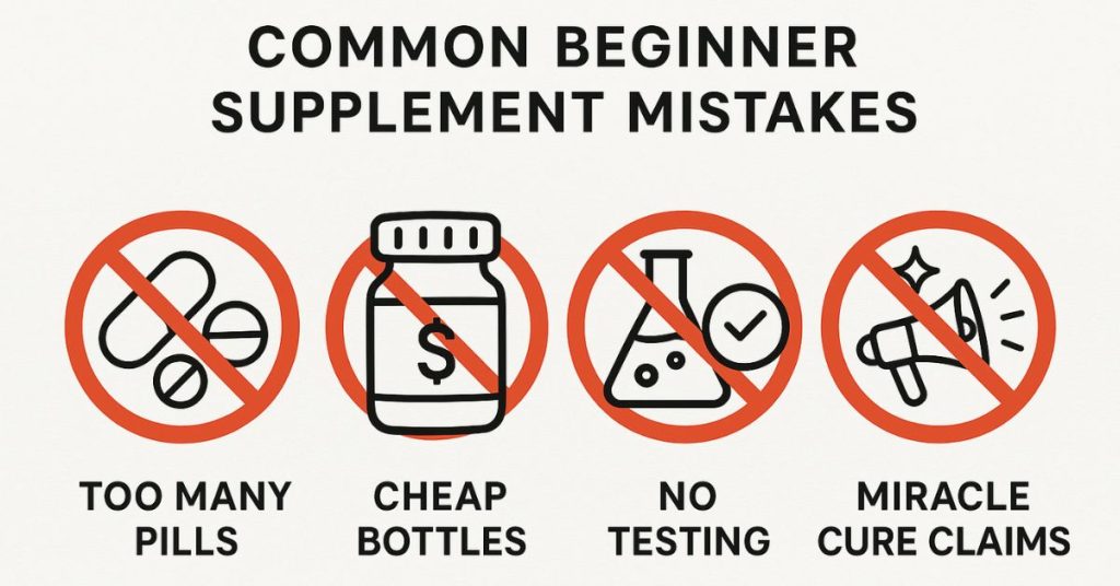 Infographic showing common supplement mistakes to avoid, including too many pills, cheap brands, no testing, and miracle cure claims.