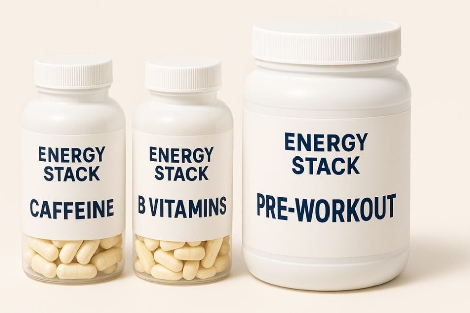 Three supplement stacks for all-day energy arranged on a solid background