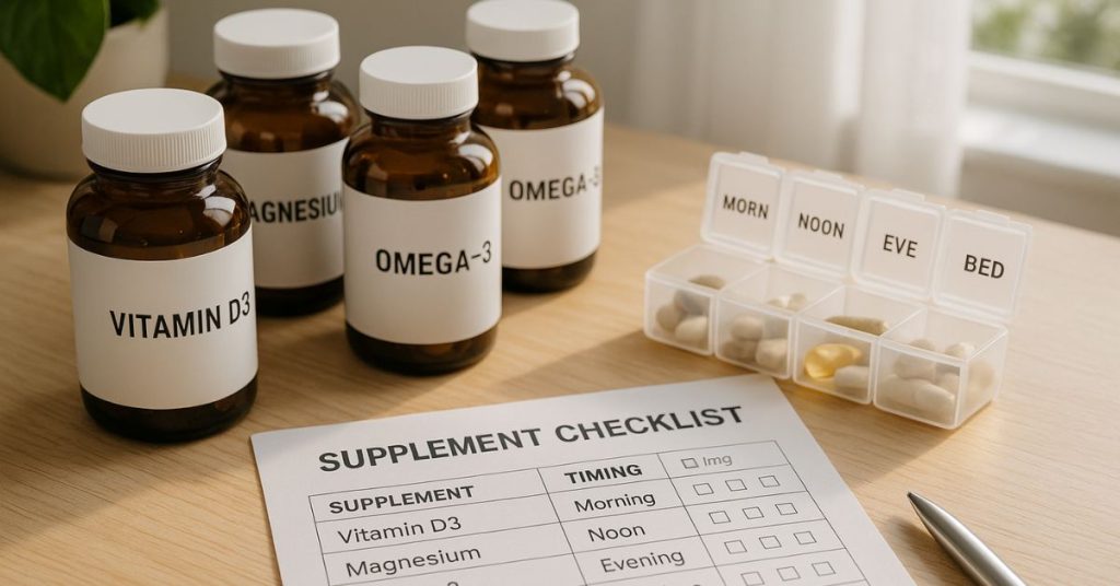 supplement bottles, pill organizer, and dosage checklist on desk