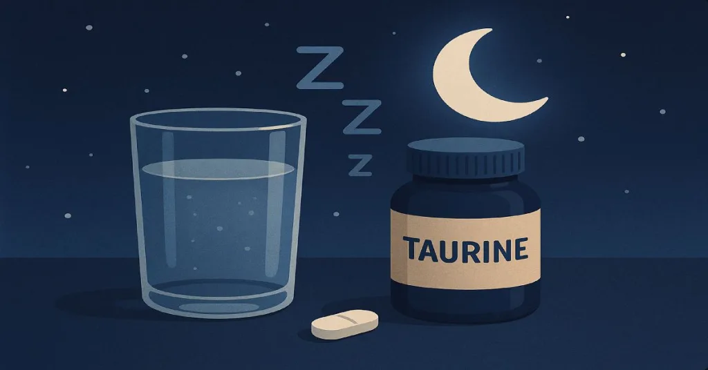 Taurine supplement next to water glass for nighttime use
