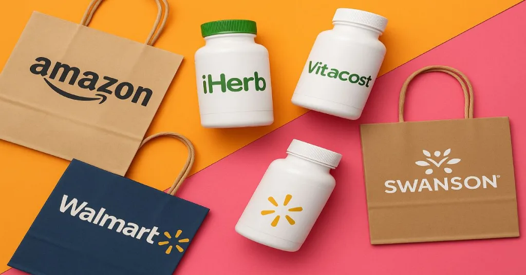 Collage of top 5 supplement store logos arranged over shopping bags and bottles