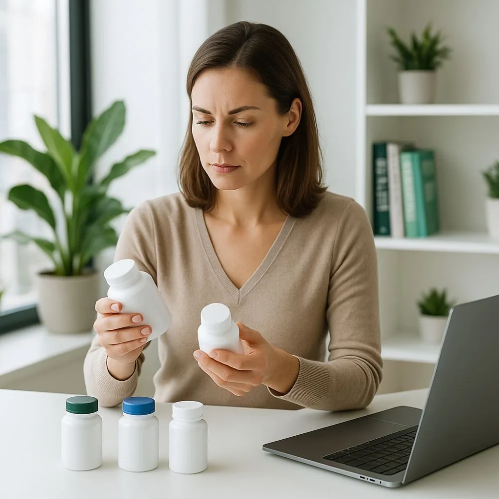 Woman researching supplement bottles at a modern white desk, symbolizing health, wellness, and product awareness