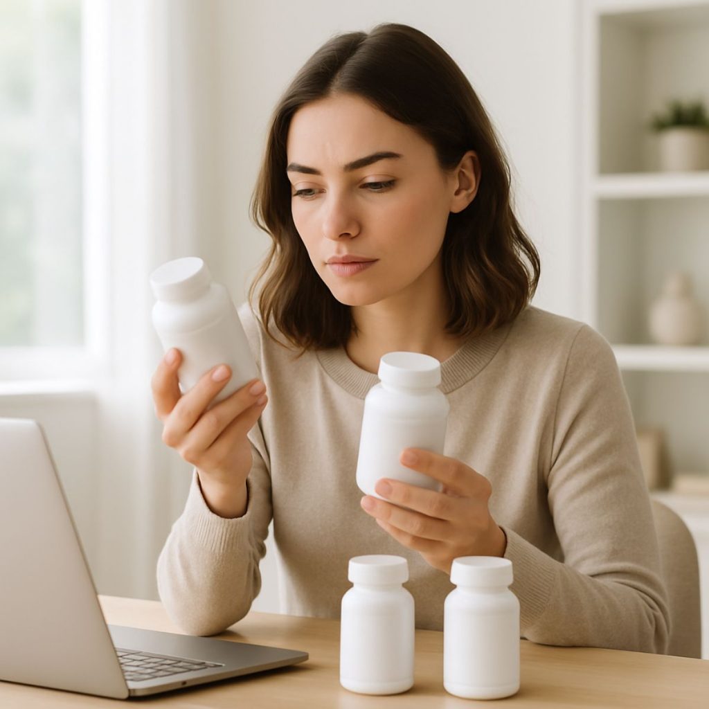 Woman examining supplement bottles at a white desk in a bright, modern room, representing health and wellness research